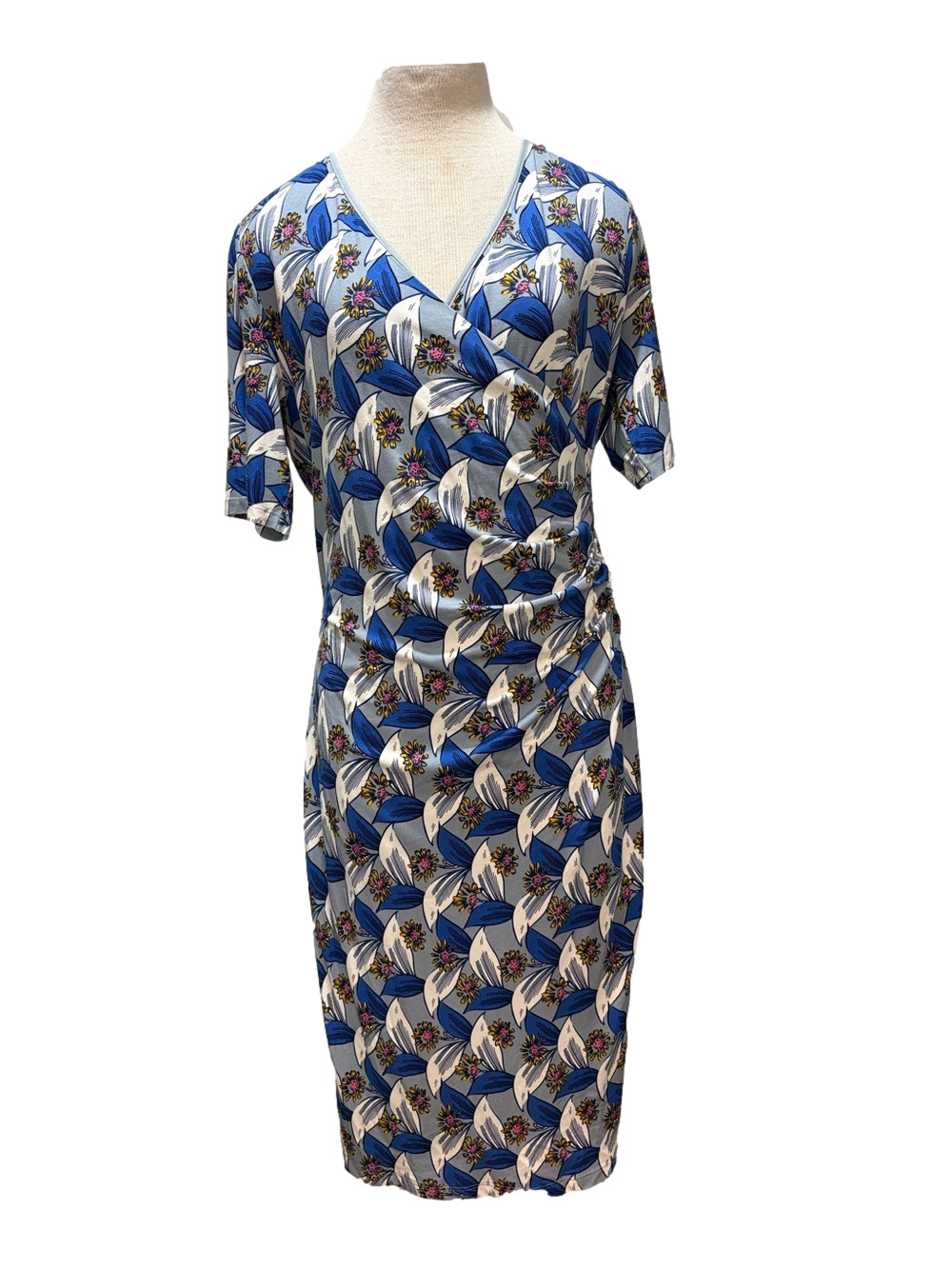 Boden sz 16L grey/blue floral short sleeve wrap dress